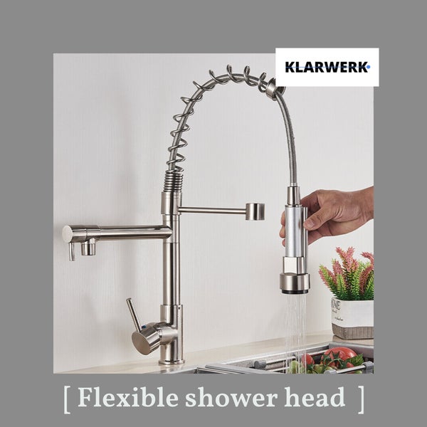 Björn | Gastronomie Chrom Silber Küchenarmatur| Zwei Brausen | Edelstahl Professional Wasserhahn Küche| Doppelspülbecken Restaurant