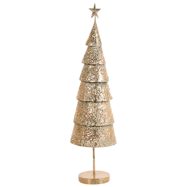 Dekorativer Weihnachtsbaum aus Metall mit strukturierter Oberfläche und Sternspitze als Tischdekoration.