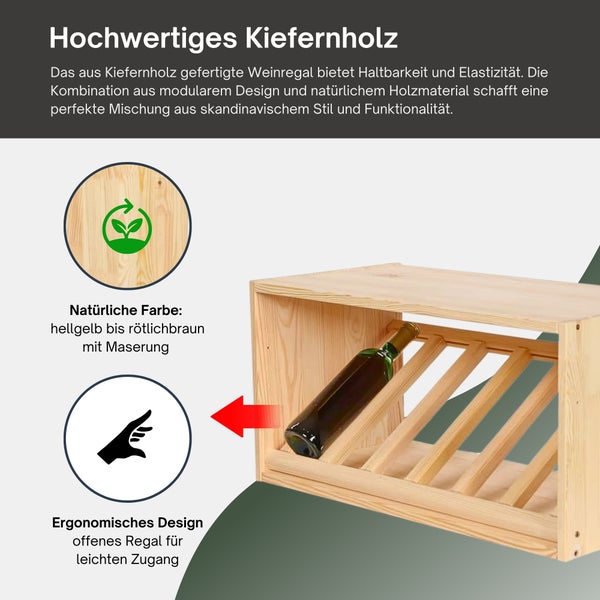 Weinregal aus Kiefernholz mit natürlicher Maserung und ergonomischem Design für einfachen Zugang.