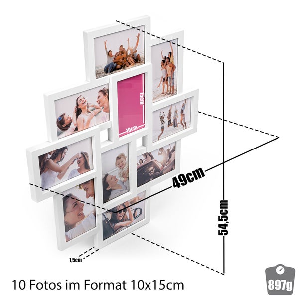 Bilderrahmen Collage für 10 Fotos im Format 10 mal 15 Zentimeter, Abmessungen 49 mal 54,5 Zentimeter, Rahmentiefe 1,5 Zentimeter, Gewicht 897 Gramm