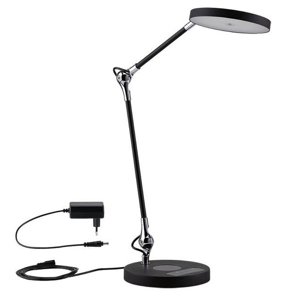 Schwarze LED-Schreibtischleuchte mit verstellbarem Arm, flachem Rundkopf und Standfuß, inklusive Netzteil.