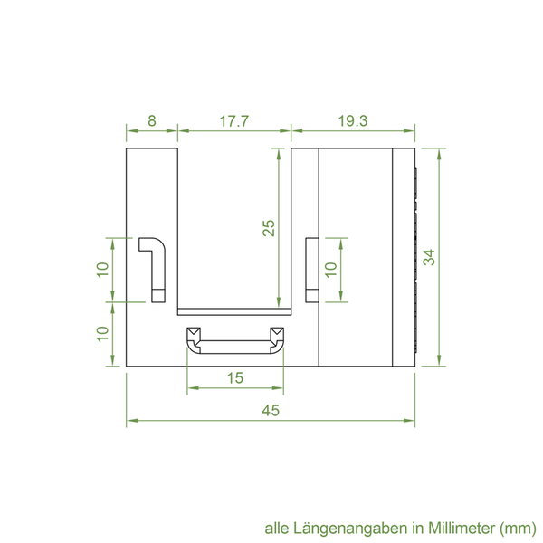 Technische Zeichnung eines U-Profils mit detaillierten Bemaßungen in Millimeter.