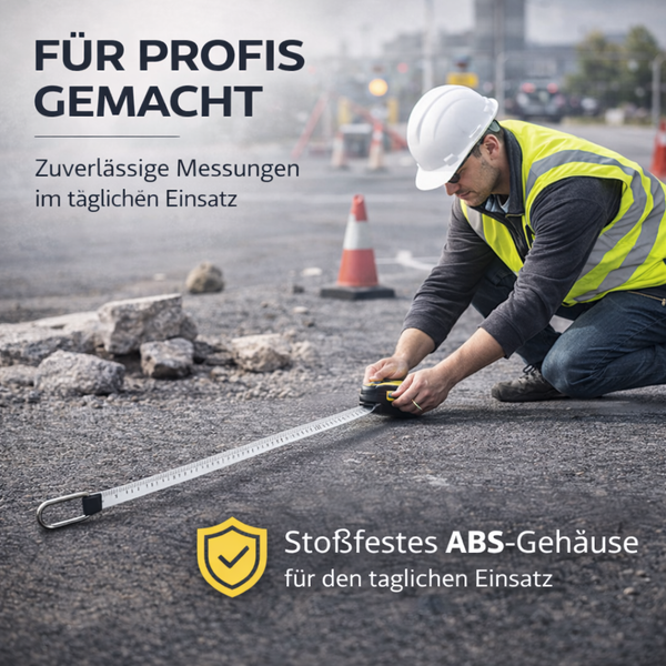 Bauarbeiter auf Baustelle nutzt Maßband mit stoßfestem Gehäuse für präzise Messungen auf Asphalt.