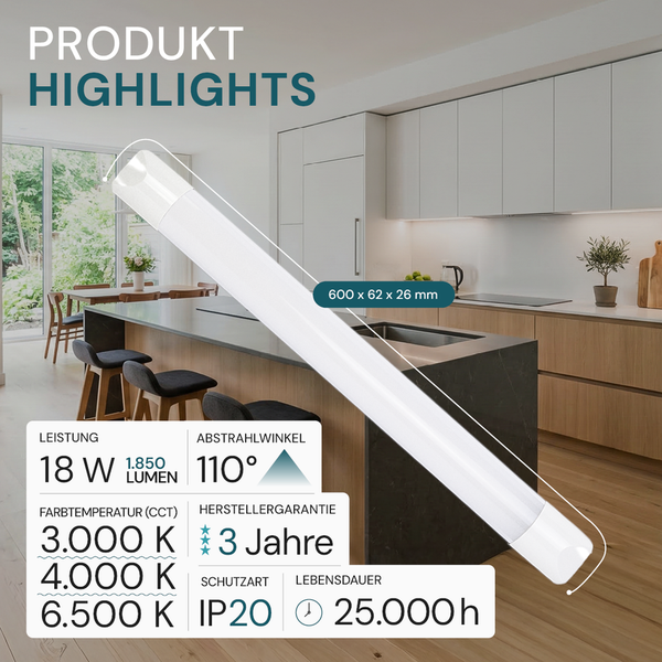 LED-Unterbauleuchte 18 Watt, 1850 Lumen, 600 Millimeter Länge, 110 Grad, Farbtemperatur 3000 bis 6500 Kelvin, IP20, 25000 Stunden, 3 Jahre Garantie.