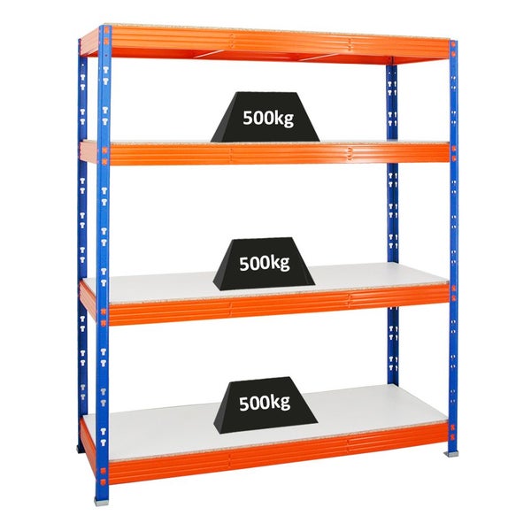 PROREGAL Profi Schwerlastregal Rhino HxBxT 180 x 160 x 60 cm 4 Melamin-Ebenen 16mm Fachlast 500 kg Blau/Orange