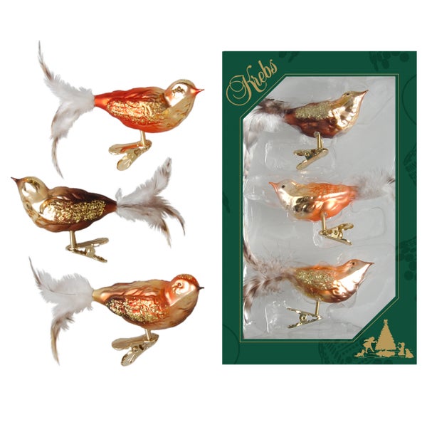 Herbstfarbig 11cm Glasvögel auf Clip mit 6cm Federschwanz mundgeblasen und handdekoriert, 3 Stck., Weihnachtsbaumkugeln, Christbaumschmuck, Weihnachtsbaumanhänger