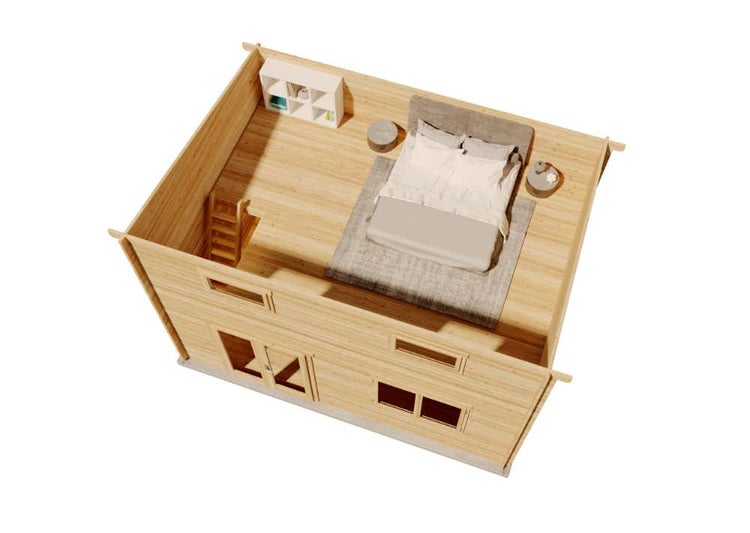 Einrichtungsidee für ein Gartenhaus aus Holz als Schlafzimmer mit Doppelbett, Teppich, Regal und Leiter, Ansicht von oben.
