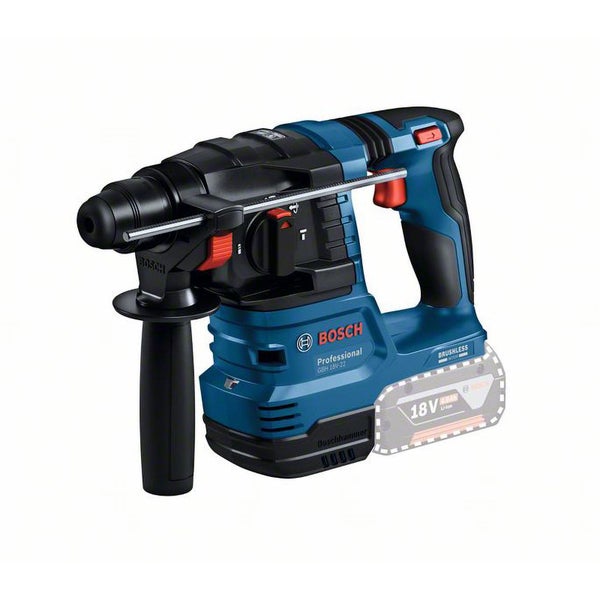 Bosch Professional Akku-Bohrhammer GBH 18V-22 mit bürstenlosem Motor, Zusatzhandgriff und Tiefenanschlag.