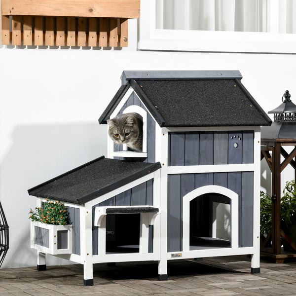 PawHut Katzenhaus aus Holz, Winterfest Katzenhütte mit mehreren Eingängen, 2 Etagen, Katzenhöhle für draußen, Kleintierhaus mit Asphaltadach, Blumenkasten für Draußen Garten, 96 x 65 x 85,5 cm, Grau