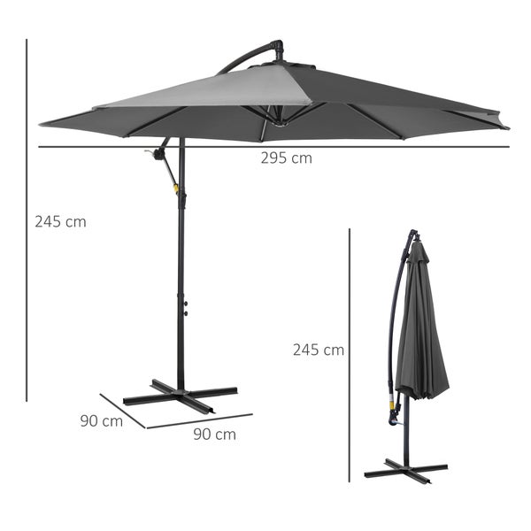 Outsunny Sonnenschirm Ampelschirm Kurbelschirm mit Handkurbel Rund, Stahlbogenstäbe und Stahl-Stehstäbe, Polyestergewebe, Grau, Ø2,95 x 2,45H m