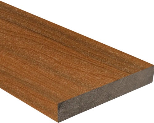 Terrassendiele aus Holz-Kunststoff-Verbundwerkstoff braun mit Holzmaserung, massiv, rechteckig.