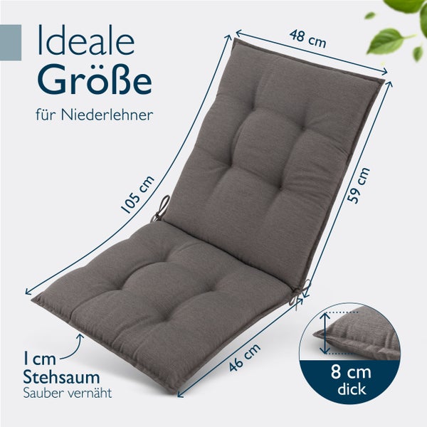 Graues Niederlehner Kissen mit den Maßen 48 mal 59 Zentimeter im Rückenbereich und 46 mal 105 Zentimeter im Sitzbereich mit einer Dicke von 8 Zentimetern.