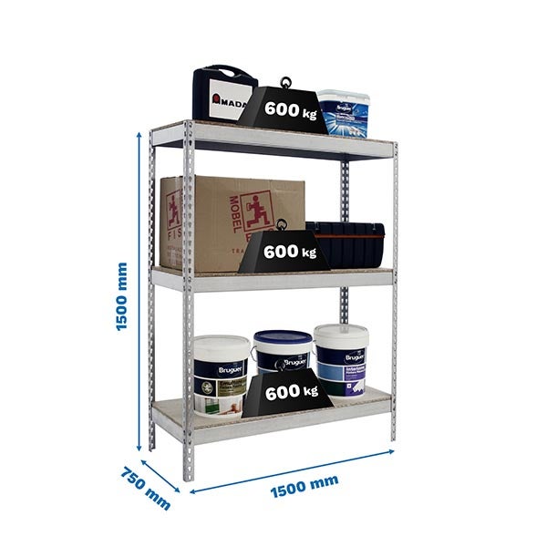 Schwerlastregal mit drei Fachböden, Metallgestell, 1500 mal 1500 mal 750 Millimeter, Tragkraft 600 Kilogramm pro Boden.