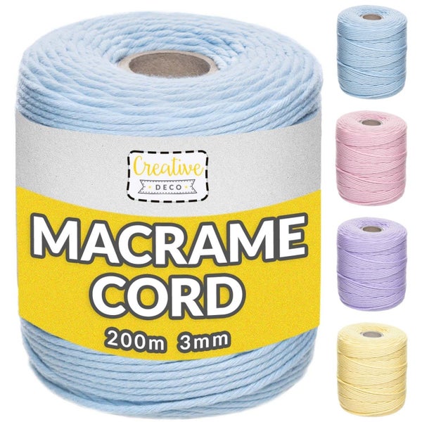 Creative Deco Makramee-Garn, 200 Meter Länge, 3 Millimeter Durchmesser, verschiedene Farben.