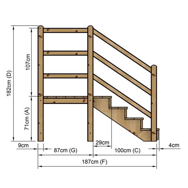 Technische Zeichnung einer Holztreppe mit Geländer und Maßangaben