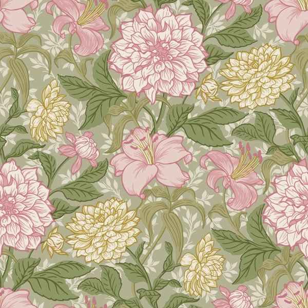 Blumenmuster mit Dahlien und Lilien auf Tapete