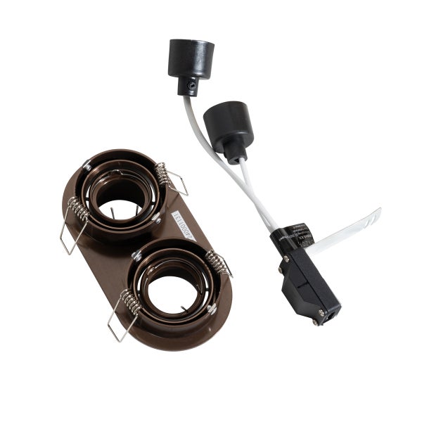 Doppelter Einbaustrahler aus Metall in Bronze mit GU10-Fassungen, Anschlusskabeln und Klemmfedern.