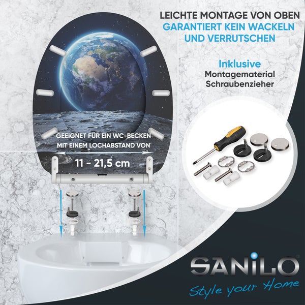 Toilettensitz mit Erde-Mond-Motiv, Montage von oben, Lochabstand 11 bis 21,5 Zentimeter, inklusive Montagematerial und Schraubendreher, Sanilo Logo.