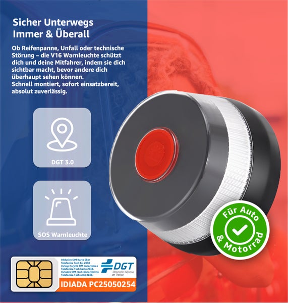 V16 Warnleuchte für Auto und Motorrad mit DGT 3.0 und SOS Funktion