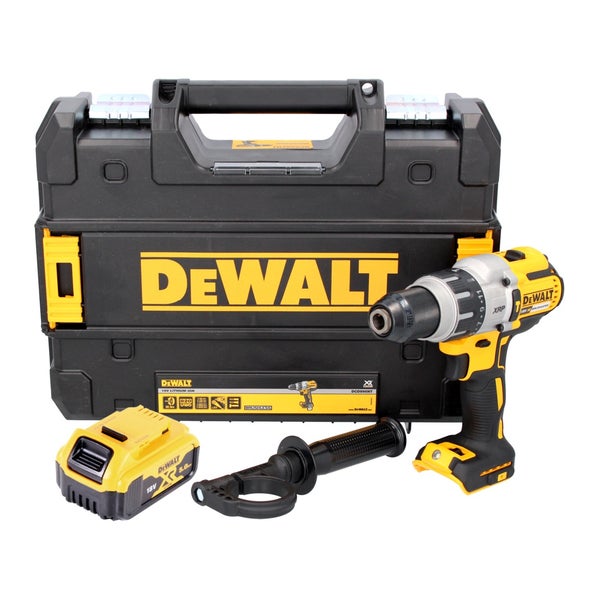 Gelb-schwarzes DeWALT Akku-Schlagbohrschrauber-Set mit TSTAK Koffer, 18 Volt Akku und Zusatzhandgriff.