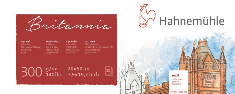 Hahnemühle Britannia Aquarellpapier, 300 Gramm pro Quadratmeter, 20x50 Zentimeter, 12 Blatt, matt, säurefrei.