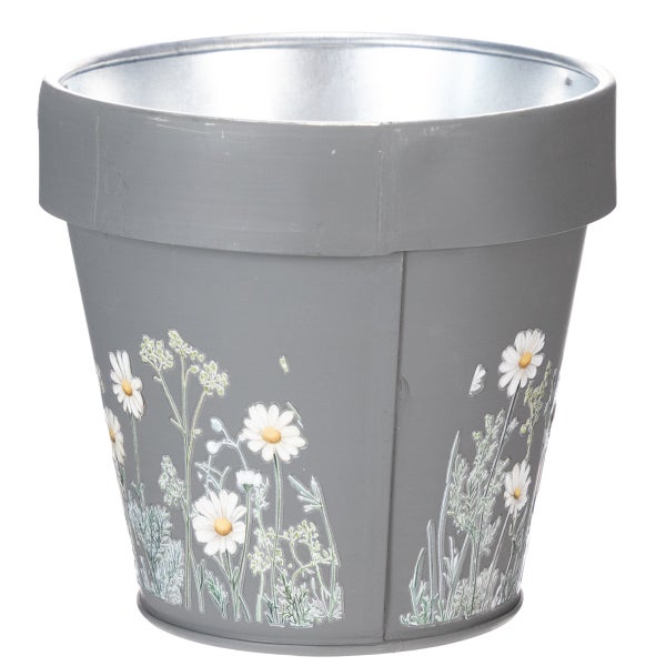 Blumentopf aus Zink mit Blumenmuster und breitem Rand.