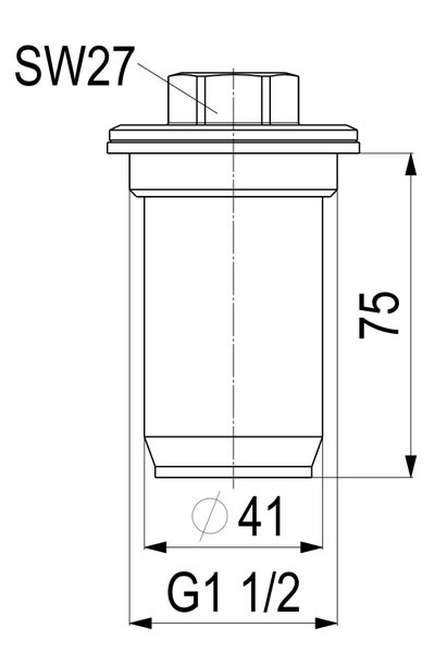 Maßzeichnung eines Sanitärbauteils, Höhe 75 Millimeter, Gewinde G 1 1/2, Durchmesser 41 Millimeter und Schlüsselweite 27.
