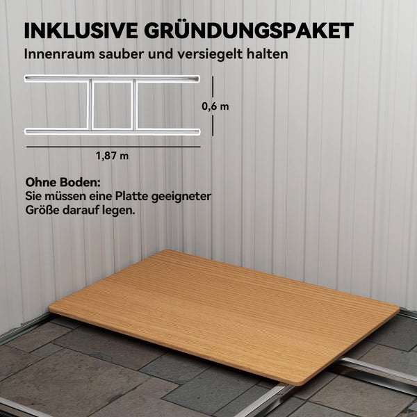 Inklusive Gründungspaket mit Rahmenkonstruktion und Holzplatte