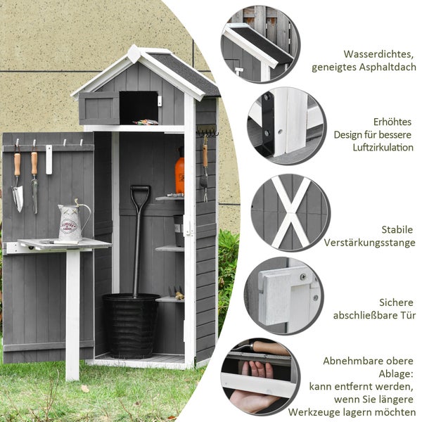 Outsunny Gartenschrank Holz, Geräteschuppen wetterfest 78x52,5x182cm, Gerätehaus mit Tür, Satteldach, Geräteschrank mit Haken, faltbar Tisch, Werkzeugschrank Gartenschuppen für Garten, Terrasse, Grau