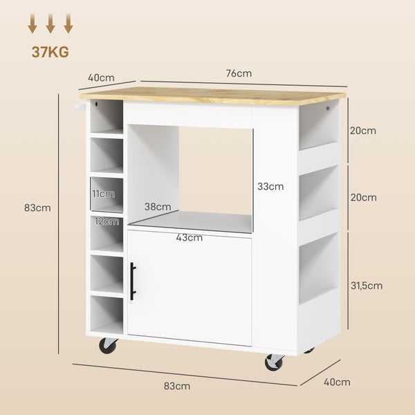HOMCOM Küchenwagen Servierwagen mit Arbeitsplatte aus Holz, Ablagen, Weinregalen, Küchenschrank Rollwagen mit Soft-Close-Scharnieren, Griff, Kücheninsel, 83x40x83cm, Eiche