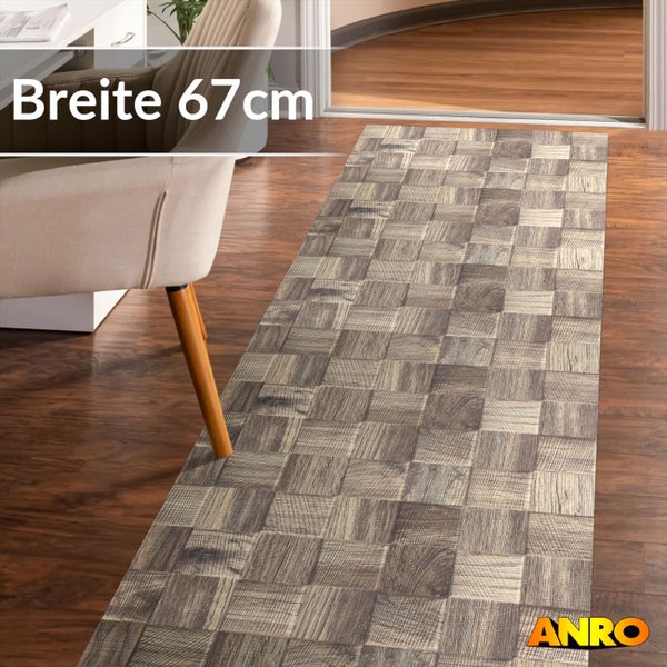 ANRO Läufer mit Holz-Mosaik-Muster, Breite 67 Zentimeter, auf dunklem Holzboden neben einem Stuhl.