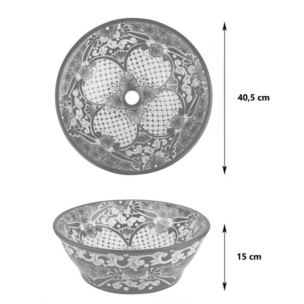 Auf dem Bild sind zwei Ansichten eines runden Aufsatzwaschbeckens mit den Maßen 40,5 cm Durchmesser und 15 cm Höhe abgebildet.