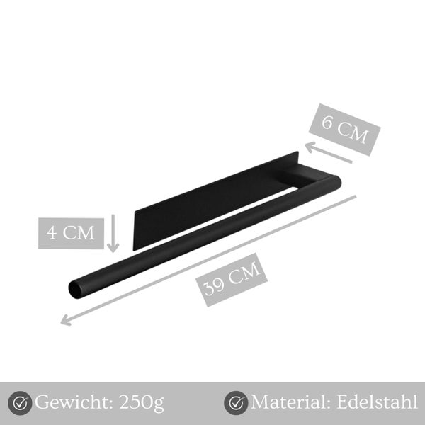 Handtuchhalter aus Edelstahl mit den Maßen 39 mal 6 mal 4 Zentimeter und einem Gewicht von 250 Gramm.