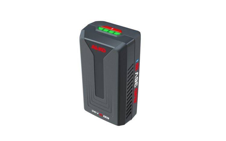 AL-KO 36 Volt Akku mit 4 Amperestunden und LED-Ladestandsanzeige.