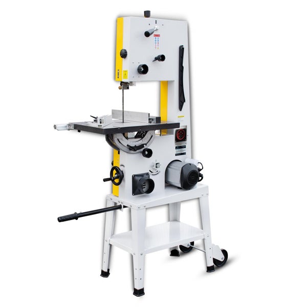 Bandsäge für Holzbearbeitung auf einem weißen Untergestell