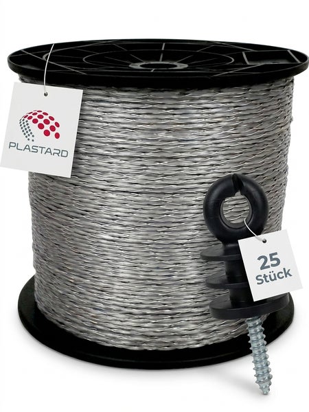 Weidezaunseil auf einer Spule inklusive 25 Stück Ringisolatoren mit Plastard Logo