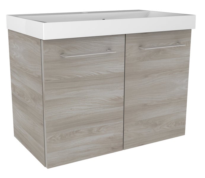 FACKELMANN LIMA Badmöbel Set 3 Teile / Gussmarmor Waschbecken / Waschbeckenunterschrank mit 2 Türen / LED Spiegelschrank / Soft-Close / Korpus: Braun hell / Front: Braun hell / Breite: 60 cm