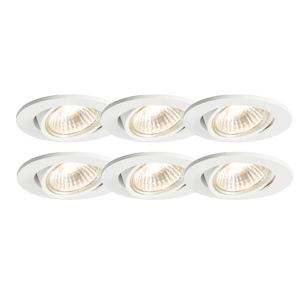 Sechsteiliges Set runder Einbaustrahler, schwenkbar, Gehäuse in Weiß.