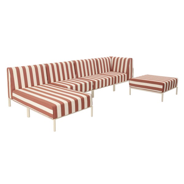 Modulares Lounge-Sofa mit gestreiftem Textilbezug und passendem Hocker.
