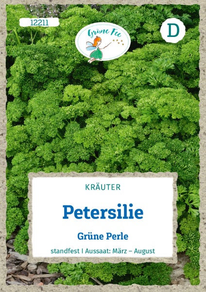 Samentüte Petersilie Grüne Perle mit Grüne Fee Logo, gekraust, standfest, Aussaat von März bis August.