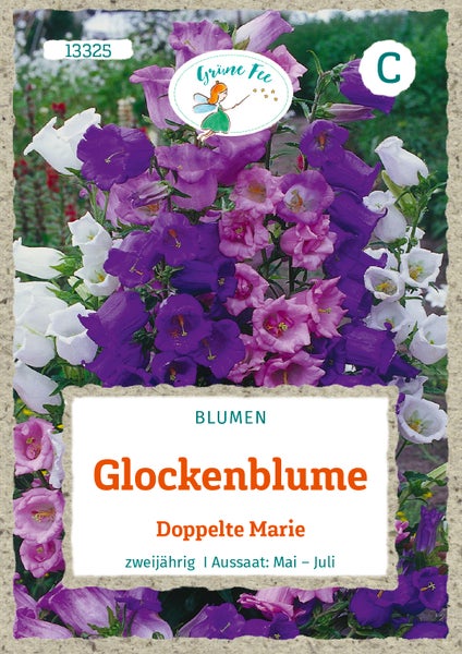 Samenpackung für Glockenblume Doppelte Marie, zweijährige Blumen, Aussaatzeitraum von Mai bis Juli, Grüne Fee Logo.