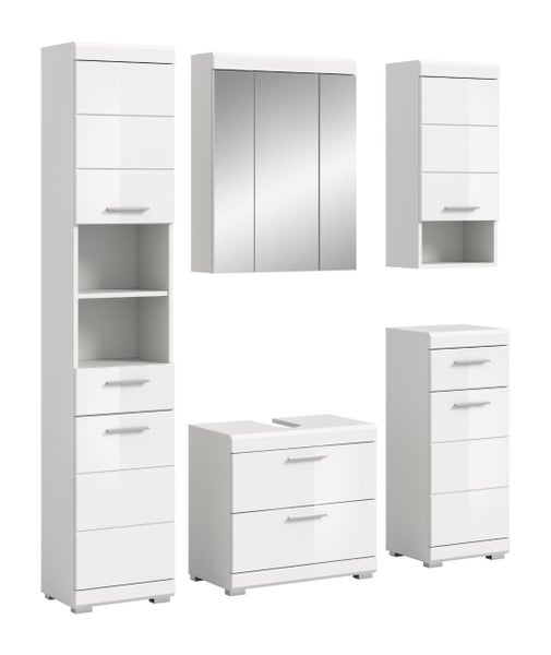 Mehrteiliges Badezimmermöbel-Set in Weiß mit Hochschrank, Spiegelschrank, Waschbeckenunterschrank und zwei Beistellschränken.