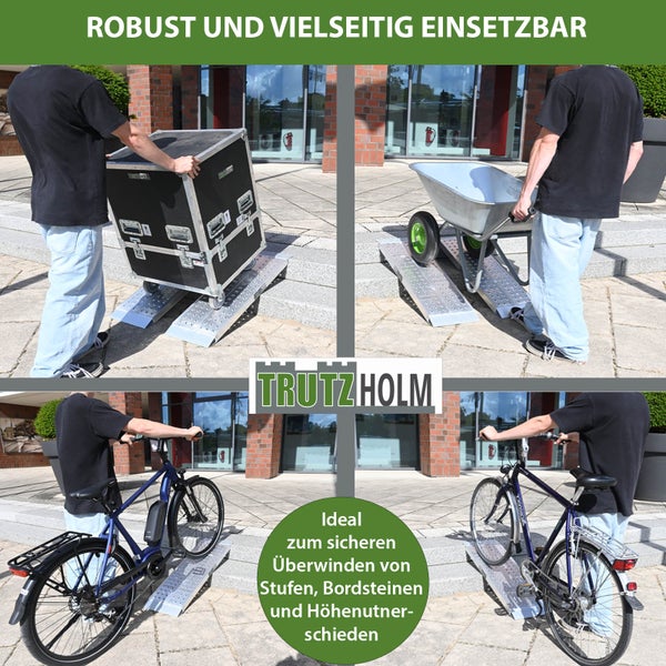 Vierfachansicht von Transportrampen im Einsatz mit Kiste, Schubkarre und Fahrrad