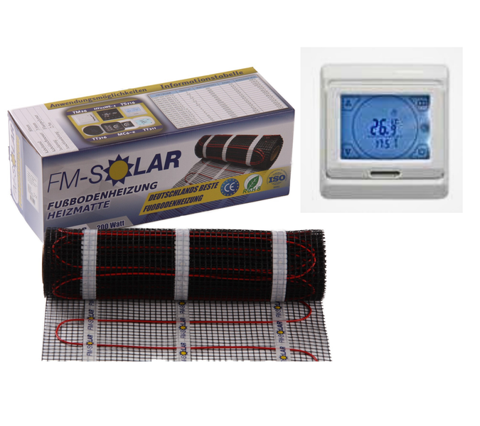 FM Solar Fußbodenheizung Heizmatte mit Thermostat und Informationen auf der Verpackung für eine elektrische Fußbodenheizung