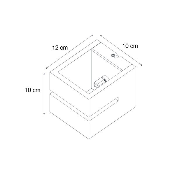Technische Zeichnung einer quadratischen Wandleuchte mit den Maßen 12 Zentimeter mal 10 Zentimeter mal 10 Zentimeter