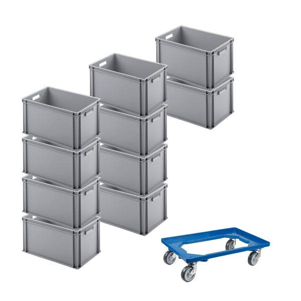 PROREGAL SparSet 10x Eurobehälter mit Offenem Griff und 1 x Transportroller Blau HxBxT 32 x 40 x 60 cm 56 Liter Eurobox Transportbox