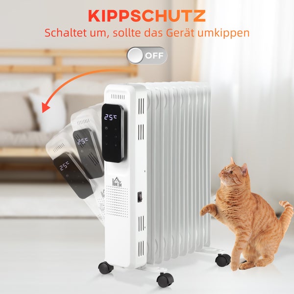 HOMCOM Ölradiator tragbar elektrisch Heizkörper 2000W 3 Heizstufen 24-Stunden-Timing elektrische Heizung 9 Heizplatten mit 4 Rollen Weiß Stahl 42,5 x 24 x 63 cm