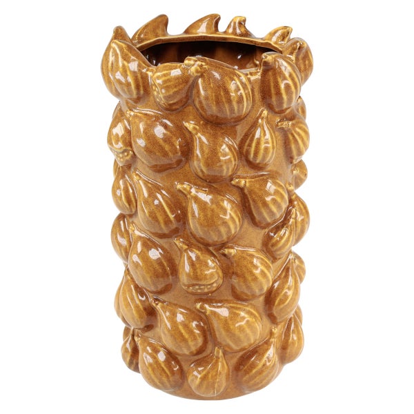 Zylindrische Vase in Ocker aus glasierter Keramik mit reliefartigen Feigen-Motiven.