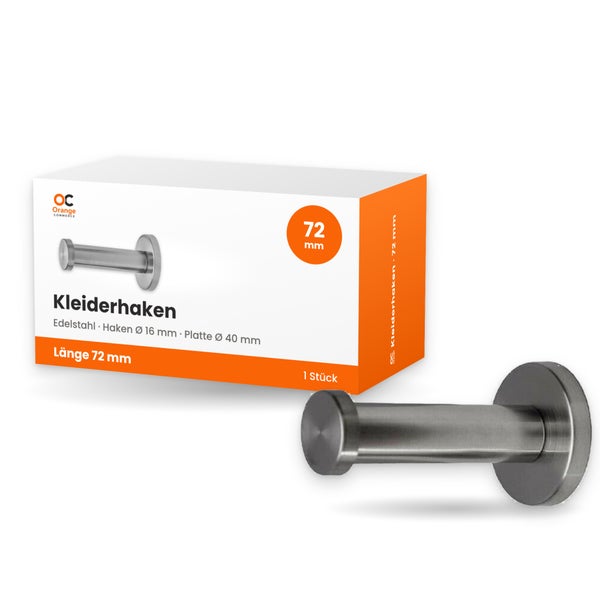 Kleiderhaken aus Edelstahl mit 72 Millimeter Länge, 16 Millimeter Hakendurchmesser und 40 Millimeter Plattengröße in einer Verpackungseinheit.