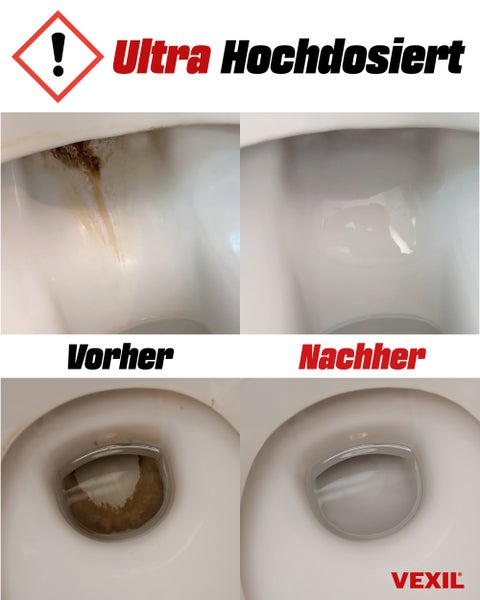 Vorher und Nachher Vergleich der Reinigungswirkung eines ultra hochdosierten Sanitärreinigers in einer Toilette